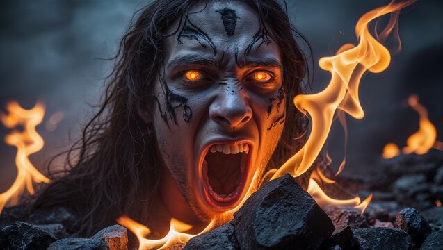 Hell forge fueled by screams, flame dancing in fac