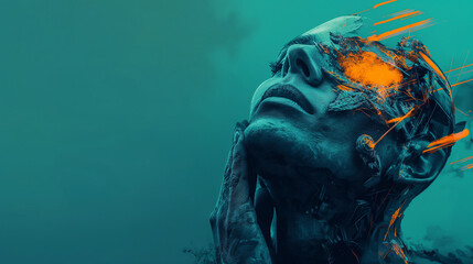 Cybernetic human figure in blue tones with bright orange accents, representing the fusion of artificial intelligence and human consciousness in a futuristic concept. Copy space