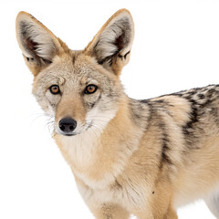 Obraz premium A close-up of a coyote with a light brown coat and large ears. The animal has sharp eyes and a slender build, set against a black background.