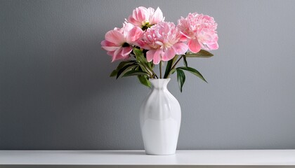 Pink Flowers In White Vase On Gray Wall