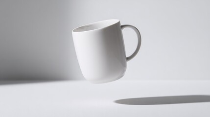   A white coffee cup soars through the air, casting a shadow on the side and wall behind it