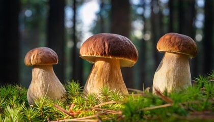 Three Porcini Mushrooms In A Pine Forest Close Up