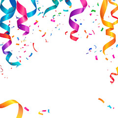 Colorful ribbons and confetti float against a black background, creating a festive scene