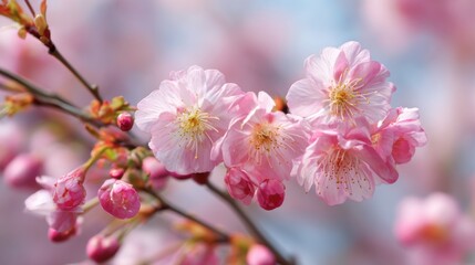 Obraz premium Delicate pink cherry blossoms bloom vibrantly against a clear blue sky in a serene park setting during springtime attracting visitors and fluttering bees.