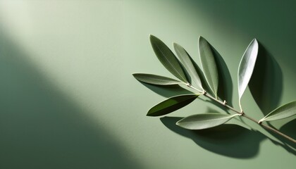 Elegant Olive Branch With Leaves Rests On Sage Green Surface Against Muted Green Wall Soft Light Casts Gentle Shadows Highlights Minimalist Botanical Composition Serene Natural Aesthetic Suits