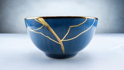 Kintsugi Close Up Of Blue Bowl With Golden Repair Lines Japanese Art Of Golden Joinery Concept
