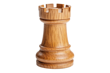Isolated wooden chess rook piece close-up shot on transparent background