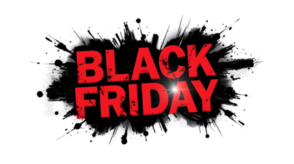 Black friday text with red splash and grunge effect isolated on transparent background