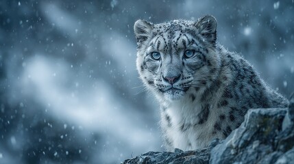 Fototapeta premium A close-up of a snow leopard on a rocky outcropping as snowfall cascades onto its face
