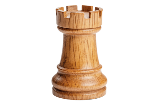Isolated wooden chess rook piece close-up shot on transparent background - Powered by Adobe