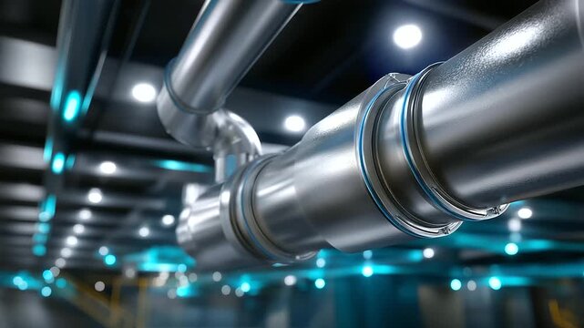 Industrial refrigeration concept &mdash; gleaming steel pipes layered with frost, crisp lighting and shadow contrast showing high-tech cooling system, with copy space.