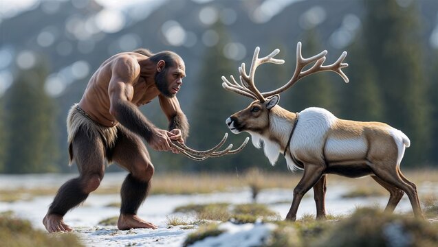 Homo neanderthalensis depicted hunting near reindeer model in Ice Age clearing