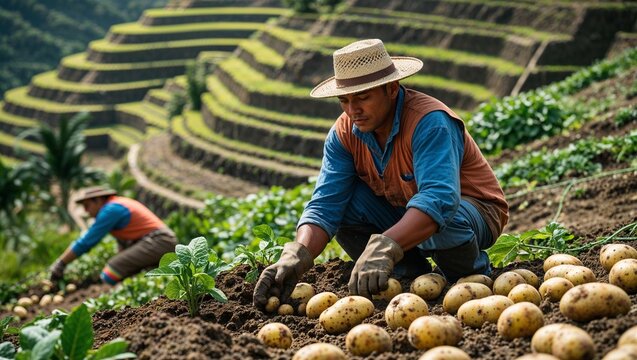 Homo sapiens Inca farmer planting potatoes near terraced hillside model