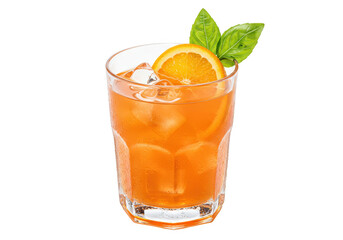 A refreshing classic orange crush cocktail with ice cubes and basil leaves in a clear glass on a clean surface on transparent background