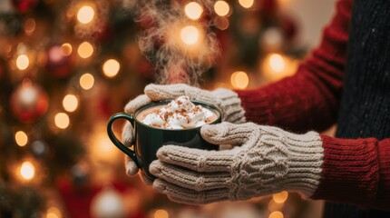 Close-up of hands wearing festive knitted mittens holding a steaming mug of hot chocolate topped with whipped cream, with a blurred Christmas tree background.
