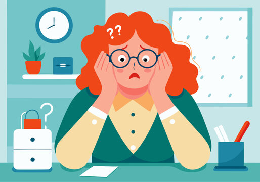 Overwhelmed Businesswoman with Head in Hands at Bright Office Desk