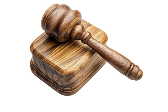 Detailed brown wooden gavel and sound block on transparent background