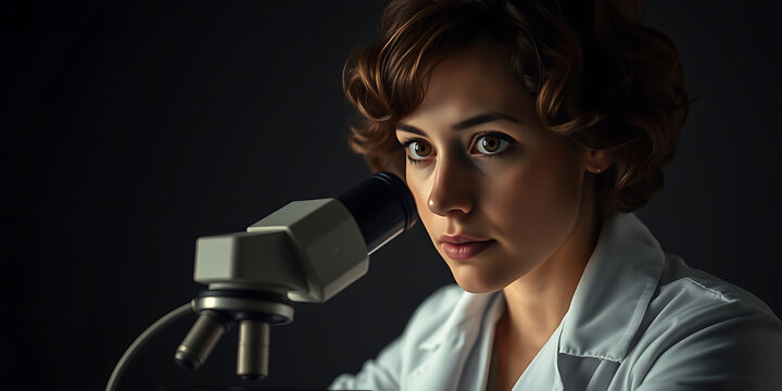 A focused female scientist with intense blue eyes looks directly at the camera while peering into a microscope, symbolizing scientific research and discovery