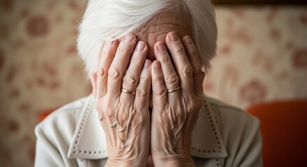 Elderly woman with white hair covering her face with aged hands, expressing exhaustion, stress, worry, or sadness in an intimate portrait capturing emotional vulnerability and life challenges.