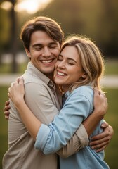 A tender, happy couple embracing tightly and smiling with their eyes closed in a warm, romantic outdoor setting during a golden hour sunset. Love and connection concept.