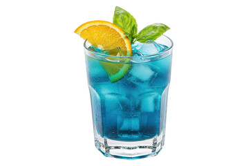 A vibrant blue moon cocktail in a glass with ice orange slice and basil leaves on an isolated setting on transparent background