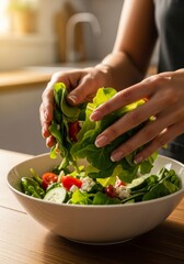 Close-up of hands tossing vibrant fresh lettuce and mixed greens into a white bowl filled with colorful vegetables, tomatoes, and cucumber in bright natural light, promoting healthy eating.