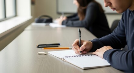 Close-up of a focused student's hands writing an exam or taking notes in a spiral notebook with a pen at a desk in a classroom setting. Concept of education, learning, and testing.
