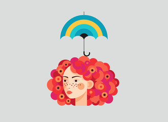 Woman with curly red hair under colorful umbrella design  