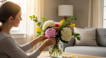 Young woman styles a colorful bouquet of peonies, hydrangeas, and tulips in a glass vase on a wooden table, soft daylight and cozy minimalist home vibe