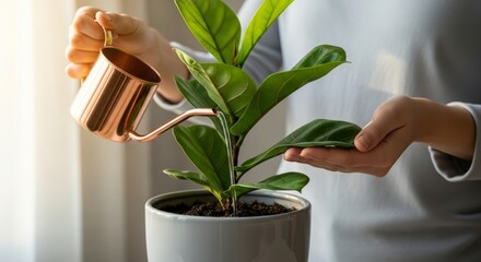 Close-up of hands watering a vibrant green houseplant, likely a Fiddle Leaf Fig, with a stylish copper watering can near a sunny window. Home gardening and care concept.