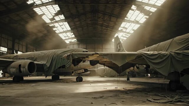 Vintage military bombers aligned in dusty hangar. Covered aircraft positioned side by side during storage process. Historical aviation theme in documentary style footage.