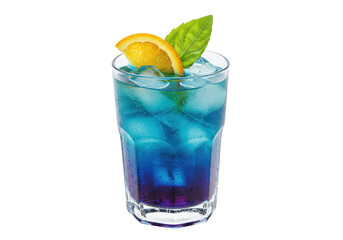 A refreshing blue purple rain cocktail with ice cubes, garnished with orange slice and basil leaf is visible here on transparent background