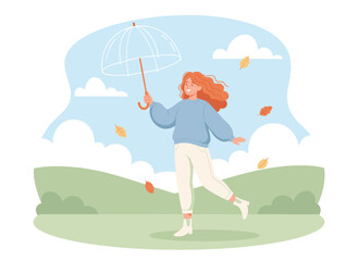 Girl with curly red hair holds an umbrella and walks through an autumn landscape with leaves