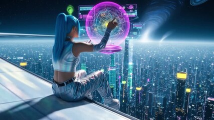 Cyberpunk avatar interacts with a glowing orbital data sphere high above a glittering futuristic megalopolis - Powered by Adobe