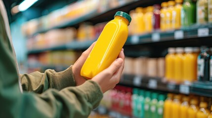 Person buying healthy fruit juice at supermarket