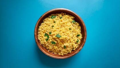 Cooked Millet Ancient African Grain In A Wooden Bowl On A Blue Background Overhead Flat Lay Shot Healthy Vegan Side Dish