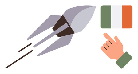 Rocket launching diagonally, Irish flag on the right, hand pointing. Ideal for innovation, technology, exploration, aerospace, global collaboration patriotism progress. Flat and simple metaphor