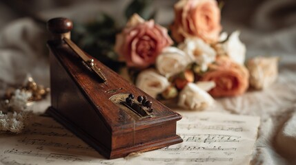   A wooden clock sits atop a music sheet, beside a bouquet on another sheet of music