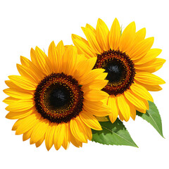 Obraz premium Two vibrant sunflowers with bright yellow petals and dark centers, against a black background