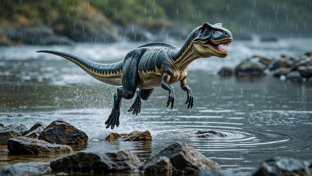 Hydrosaurus variant leaping above rocky shallows with rain rippling the surface