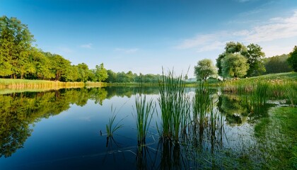 Fototapeta premium Trees And Reeds Are Reflected In The Calm Waters Of The Lake The Weather Is Perfect For Walking And Hiking