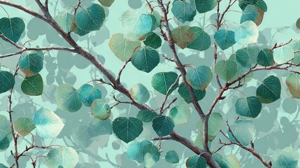   A painting of a tree brimming with leaves on its limbs, set against a backdrop of azure sky