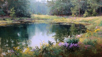   A painting of a field in the middle of a pond surrounded by wildflowers and trees