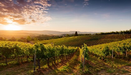 Fototapeta premium Vineyard Field At Sunset Rows Of Grape Plants On Hillside Warm Evening Light Scenic Rural Landscape Agriculture And Viticulture Countryside Farming View Organic Grape Plantation
