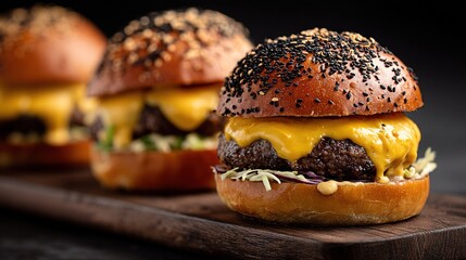   Three cheeseburgers with sesame seeds and cheese on a cutting board