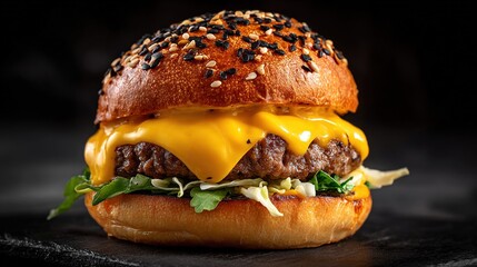  A black surface with a cheeseburger on a bun and toppings of lettuce against a black backdrop