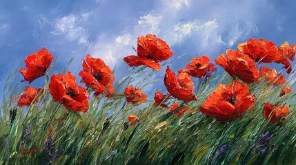   A poppy field painting with a blue sky background and cloudy sky