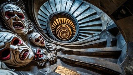 Infernal spiral stairs with screaming masks carved into every step