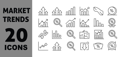Naklejka premium Market trends 20 vector icons for business growth analytics and financial data