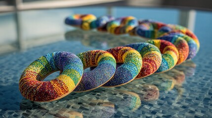   Colorful doughnuts line table in front of glass wall